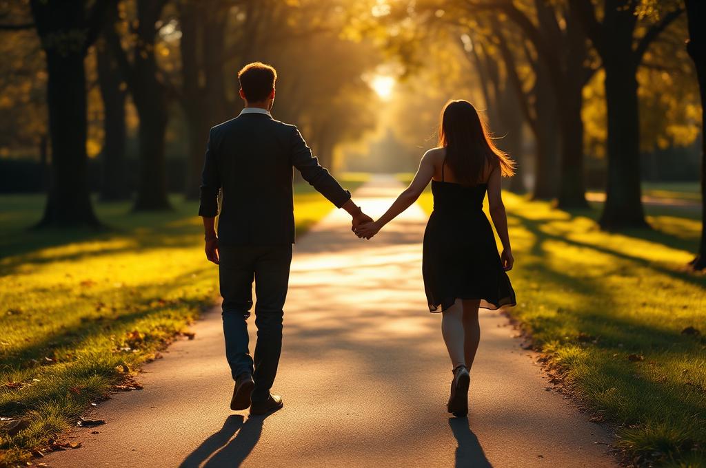 Couple walking hand in hand on a sunset beach