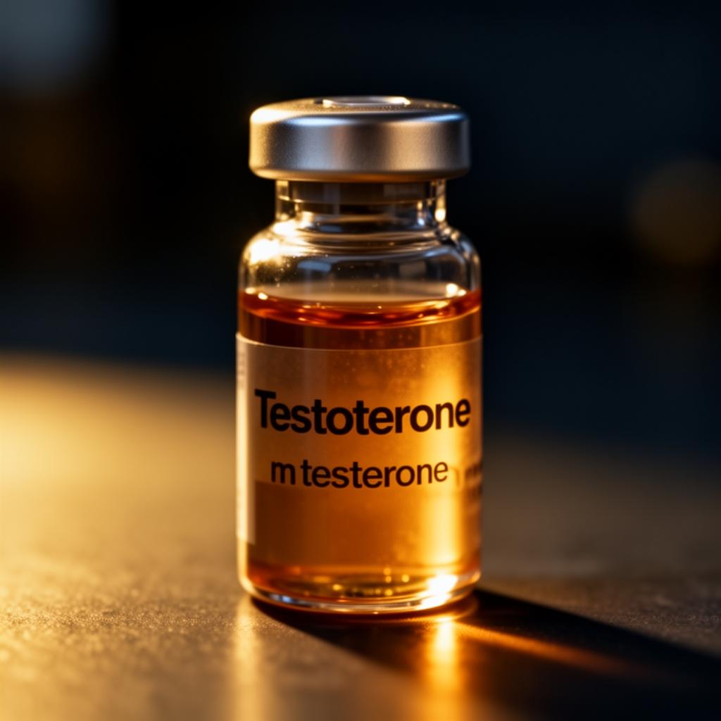 Close-up of testosterone treatment vial in clinical setting